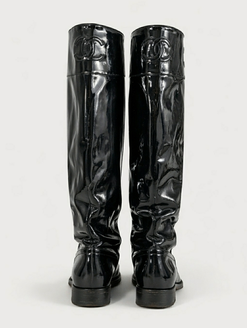 Chanel Patent Leather Knee-High Boots with Embossed Logo